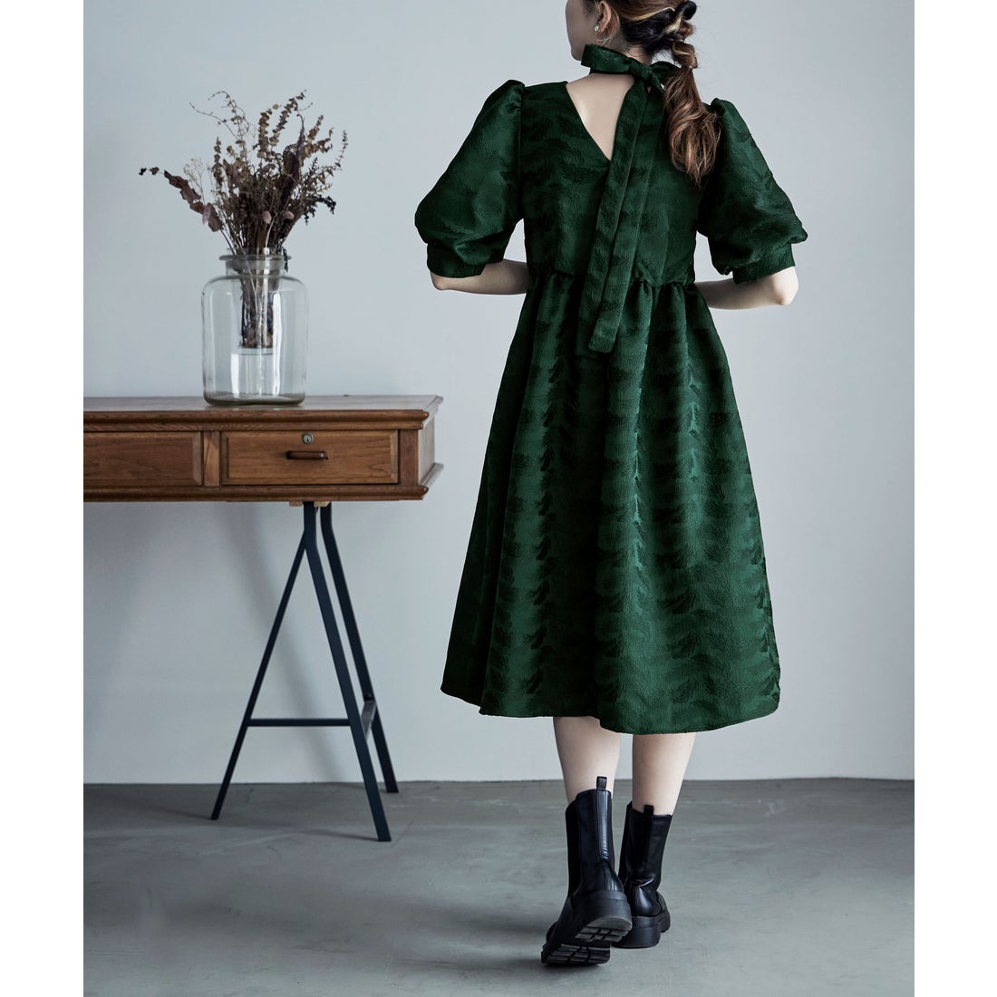 エトル etoll. ジャガードパフスリーブドレス （グリーン） -靴