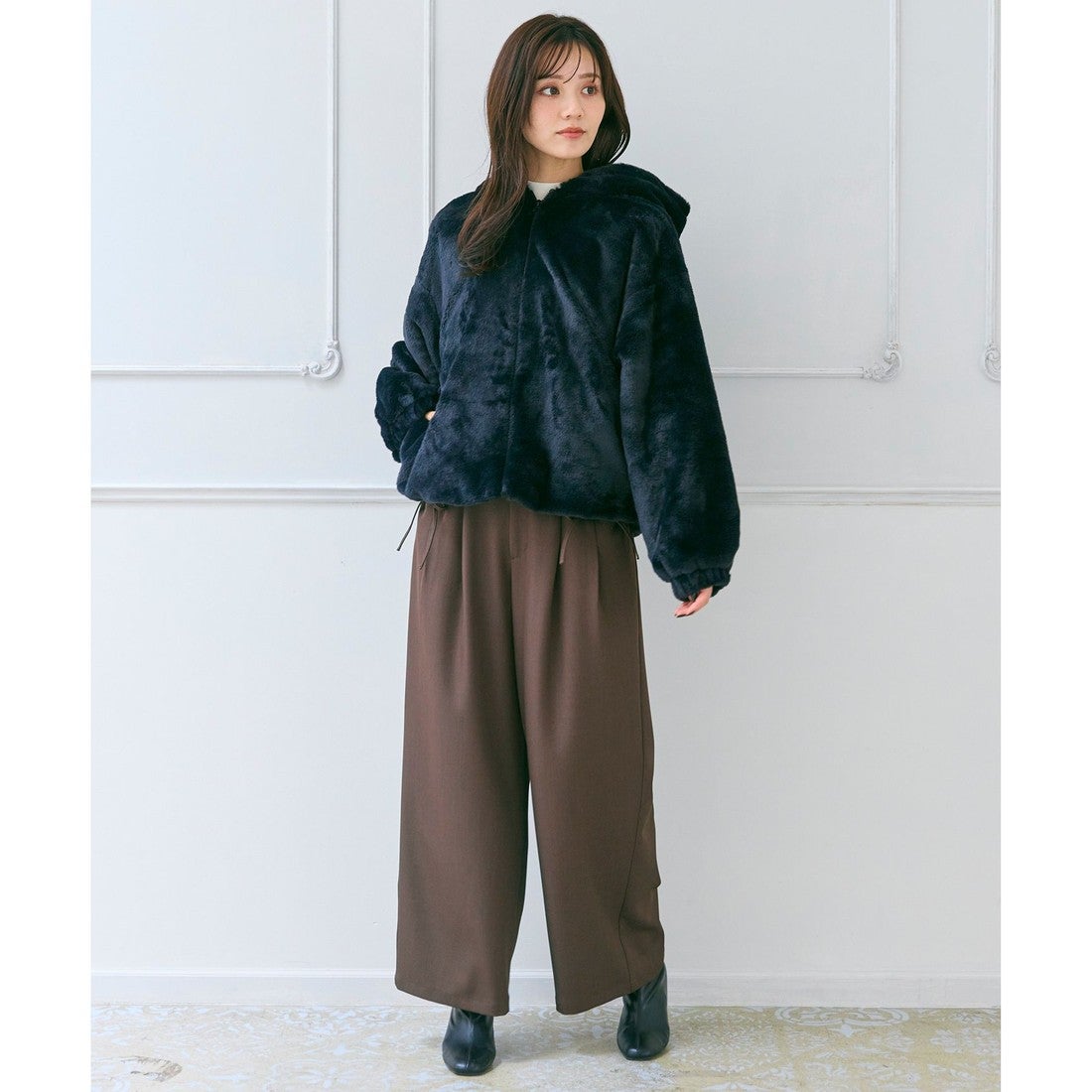 Feroux 【洗える】フード付きフェイクファー パーカー （アイボリー系