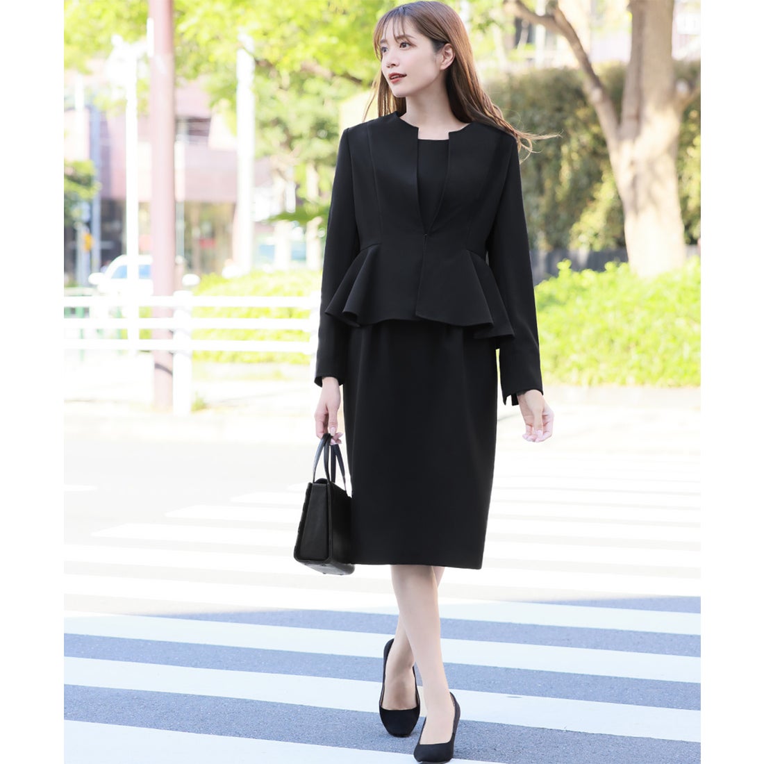 フロリア Flolia ノーカラーペプラムジャケット コクーンワンピース