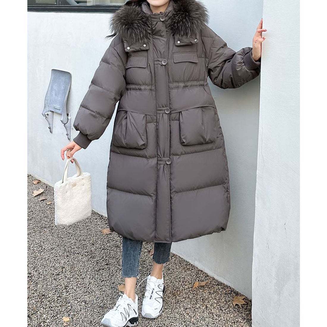 フロリア Flolia ロングダウンコート ファー フード付き（グレー