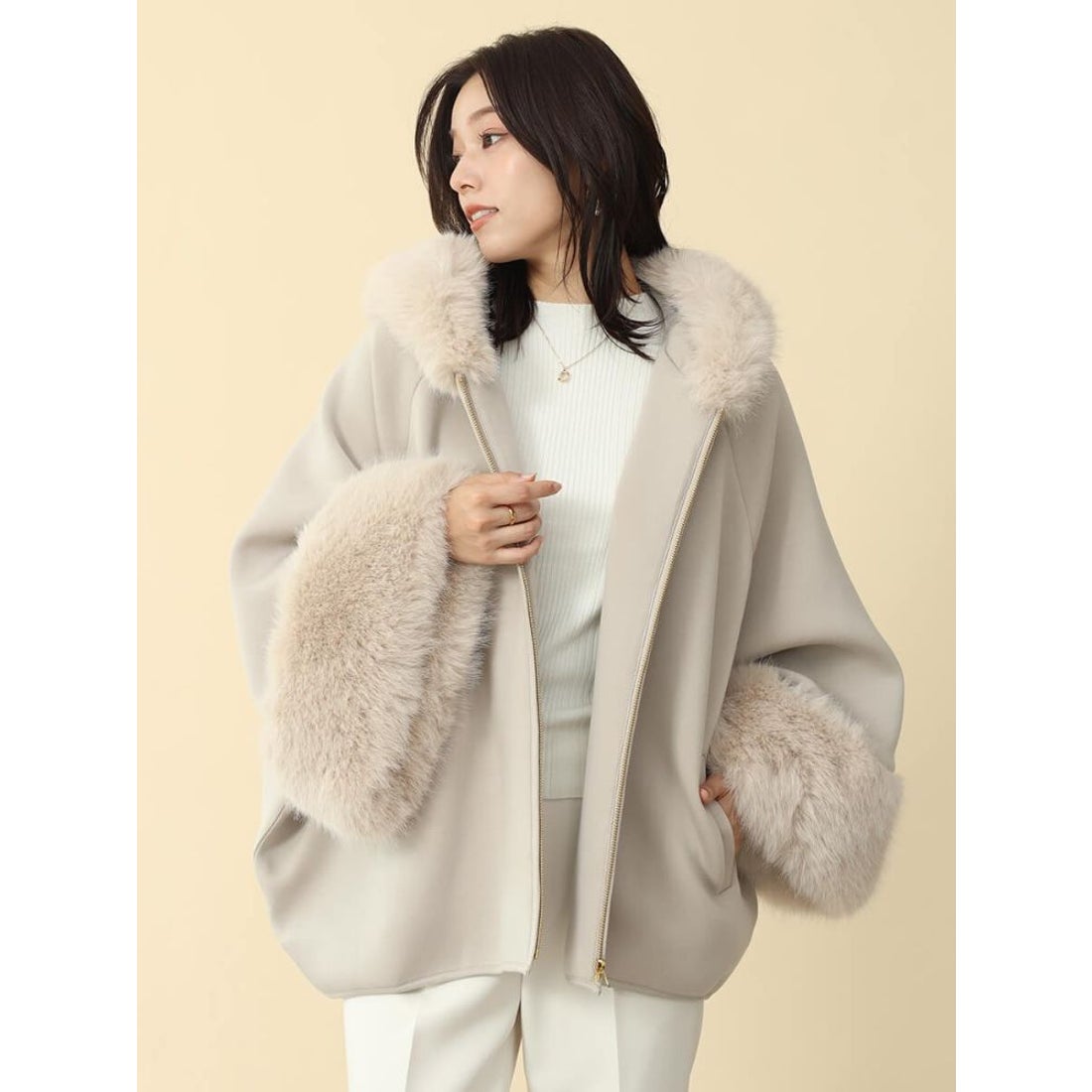 フェンネル FENNEL ファーポンチョアウター （ブラック） -靴