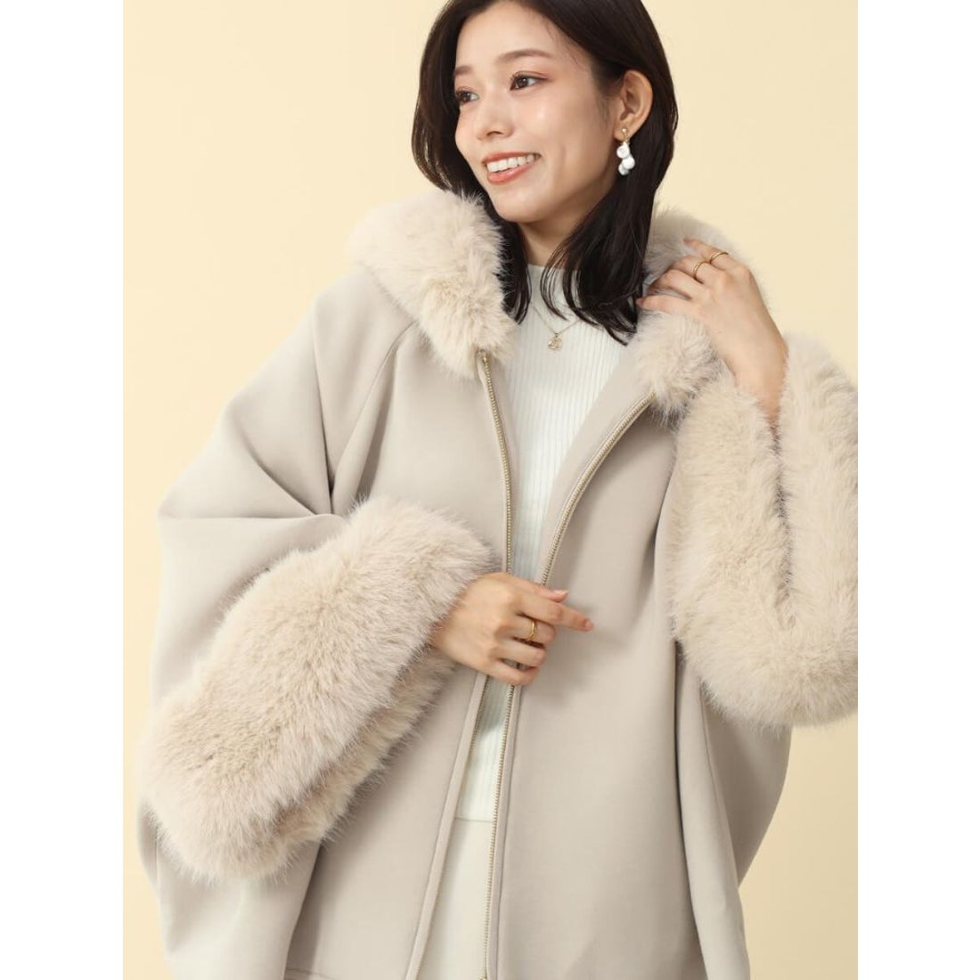 フェンネル FENNEL ファーポンチョアウター （グレージュ） -靴