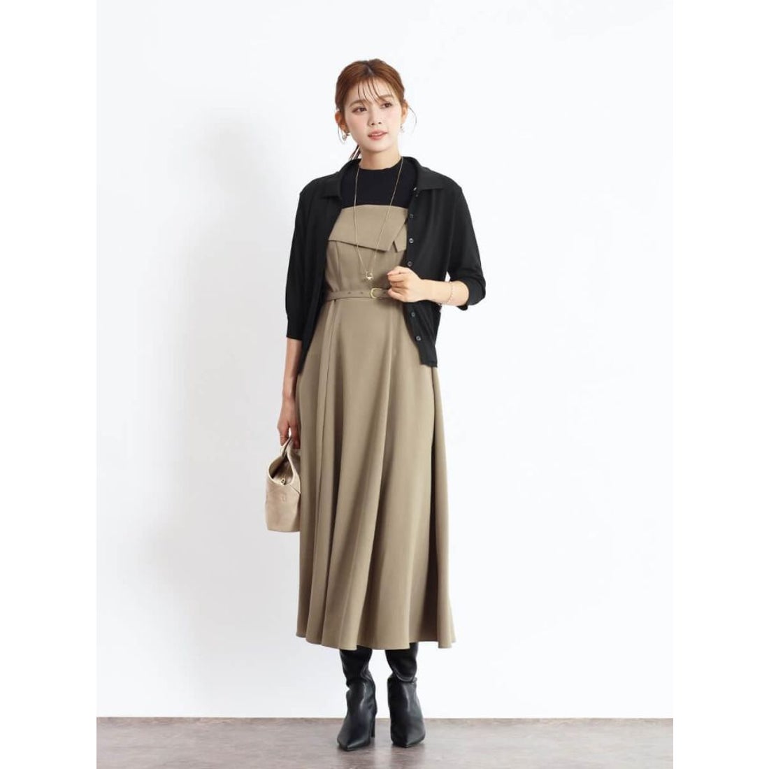 フェンネル FENNEL フリル付きポロ襟カーディガン （ブラック） -靴