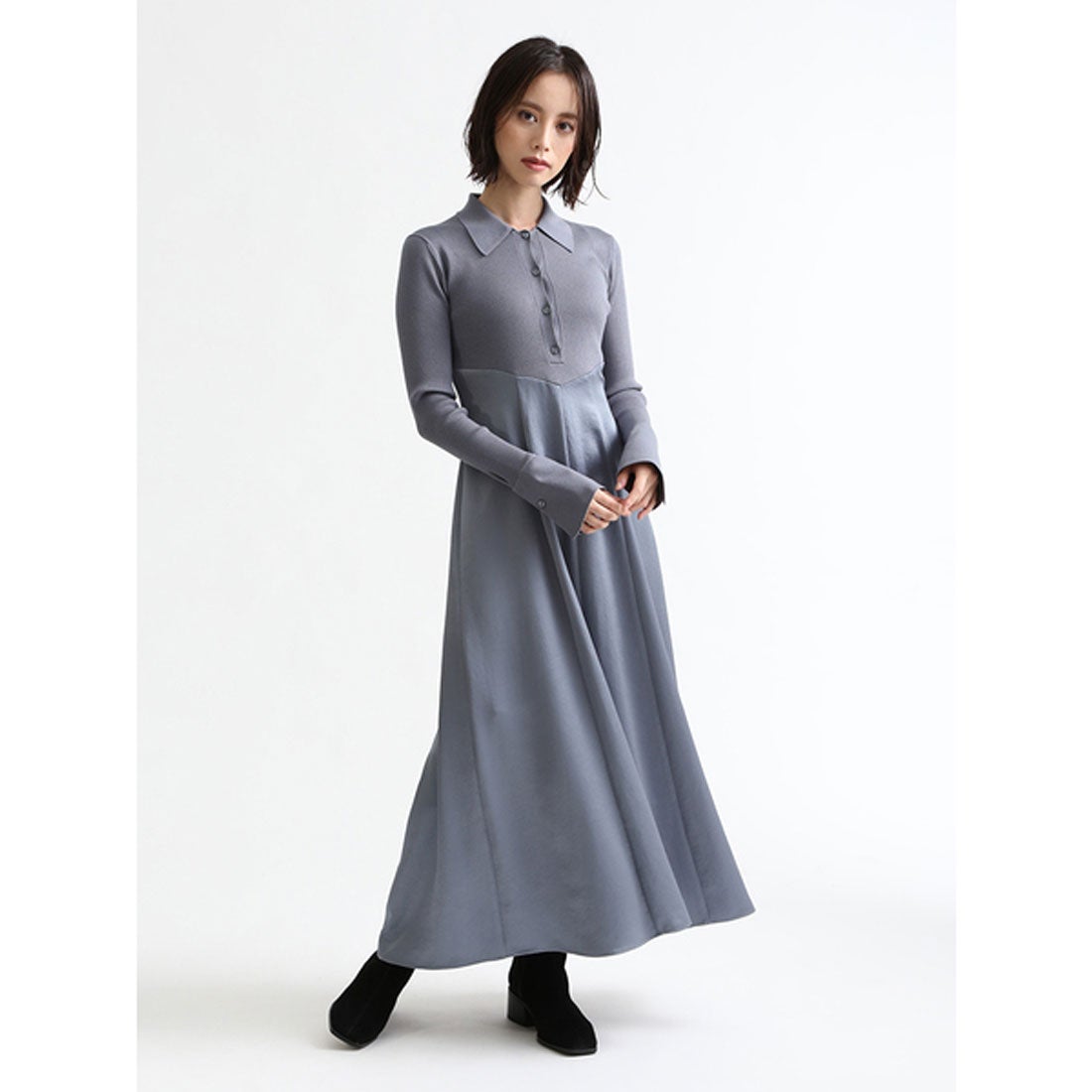 フレイ アイディー FRAY I.D ポロカラーニットコンビワンピ （グレー