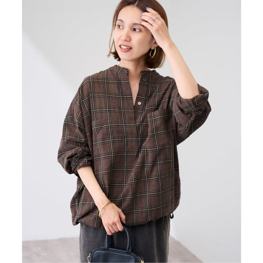 フレームワーク FRAMeWORK シアーチェックドロストシャツ （ブラウン