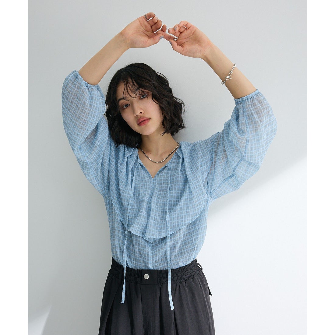 グリーン パークス Green Parks チェックシアーフリルブラウス