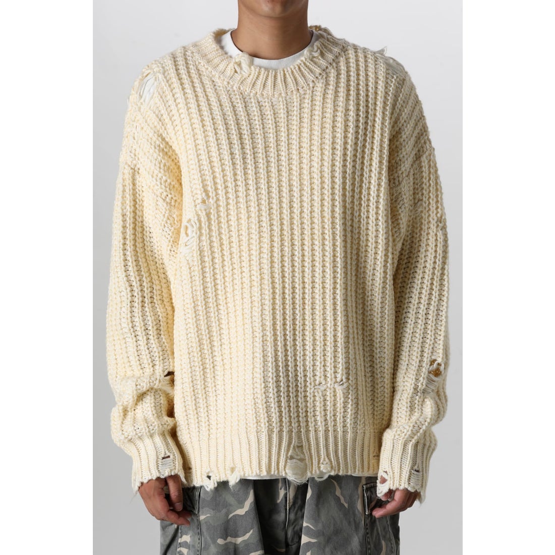 カミヤ KAMIYA Distressed Knit Pullover （WHITE） -FASCINATE