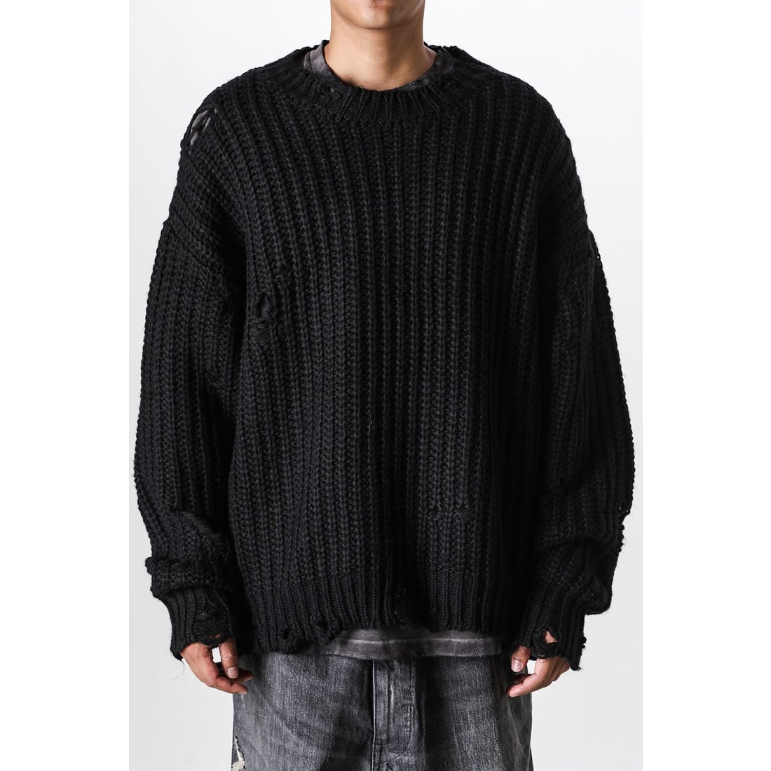 KAMIYA Distressed Knit Pullover （BLACK） - Osaka / Kyoto, -FASCINATE