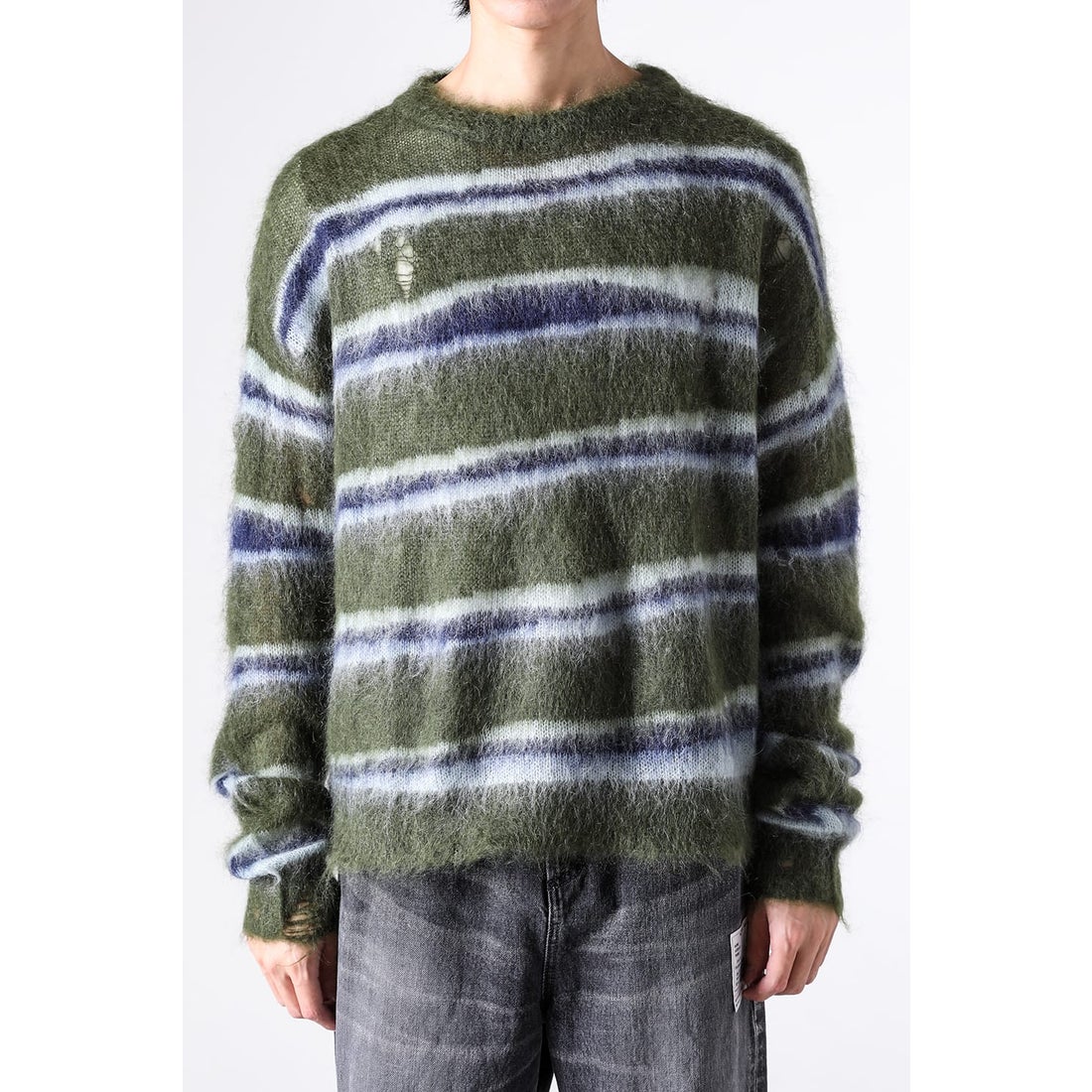 カミヤ KAMIYA Distressed Border Mohair Sweater （Khaki