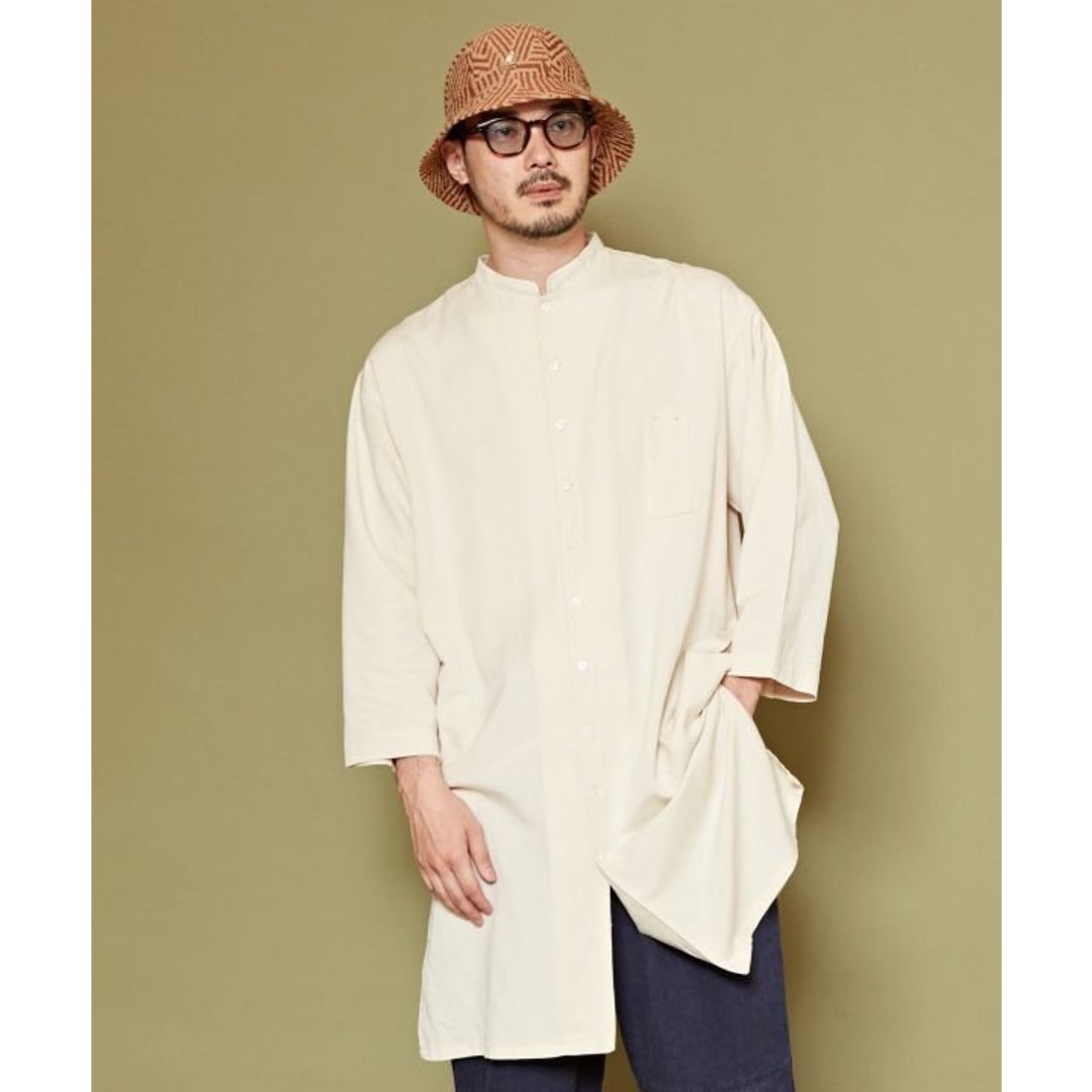 カヤ】書生バンドカラーロングシャツ スミクロ -靴＆ファッション通販