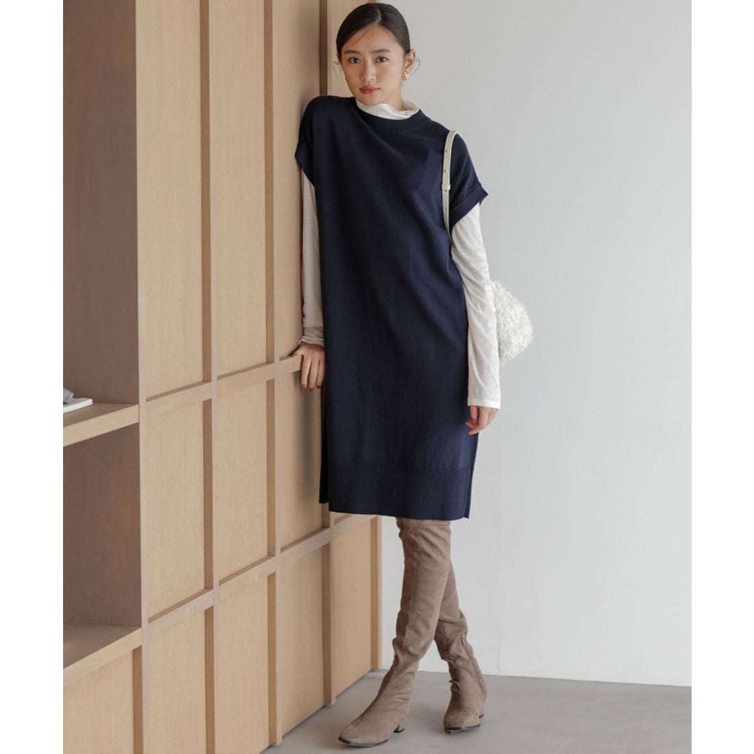 クミキョク 組曲 コットンカシミヤMIXチュニック丈ニットワンピース