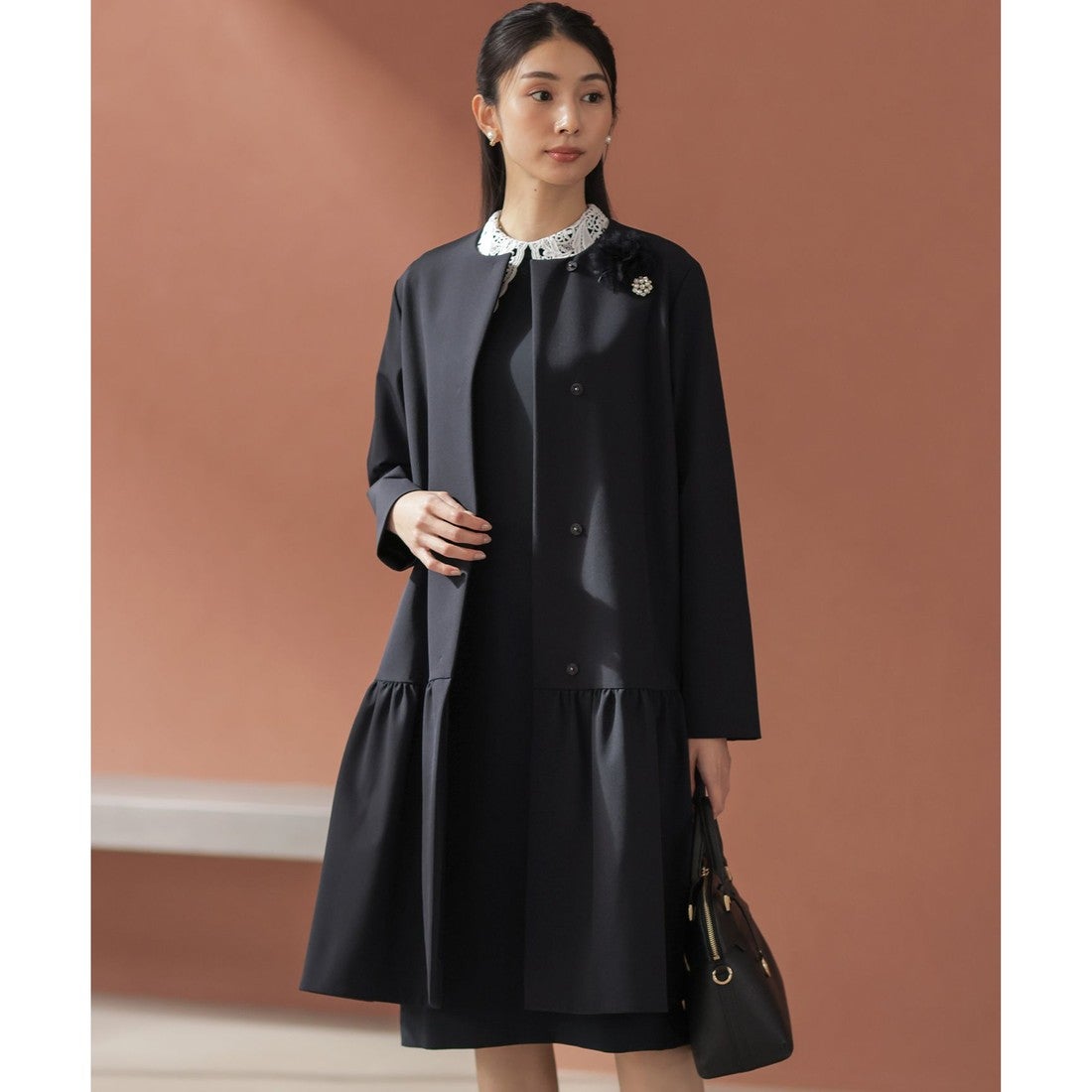 組曲 【NAVY】ダブルクロスストレッチ ノーカラーコート （ネイビー系