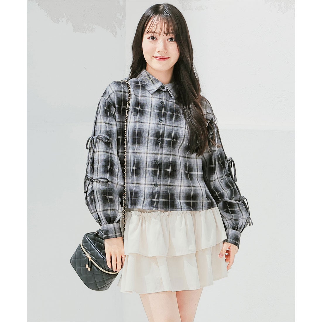 ハニーズ Honeys 袖リボンチェックシャツ トップス シャツ ブラウス