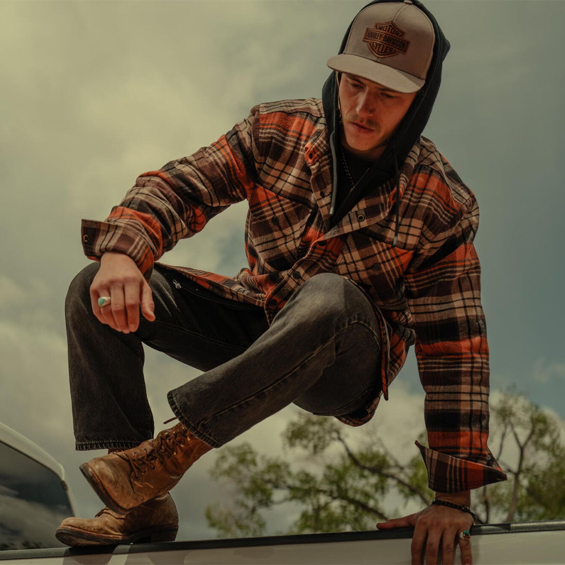 バー＆シールド フード付きシャツジャケット （チェック柄 - ハーレー