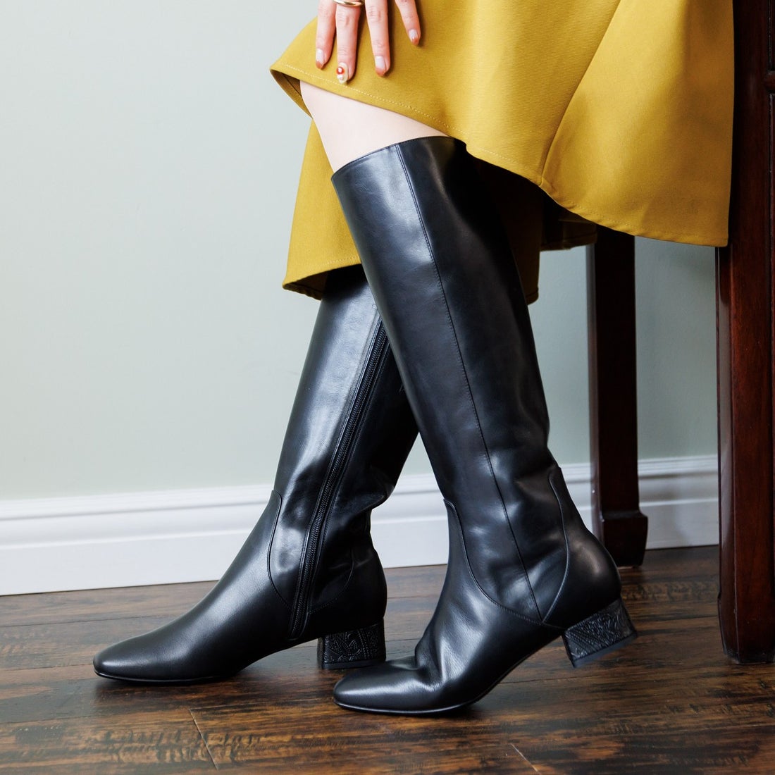 ヒミコ 卑弥呼 ローヒールスクエアトゥロングブーツ/631414 （ブラック