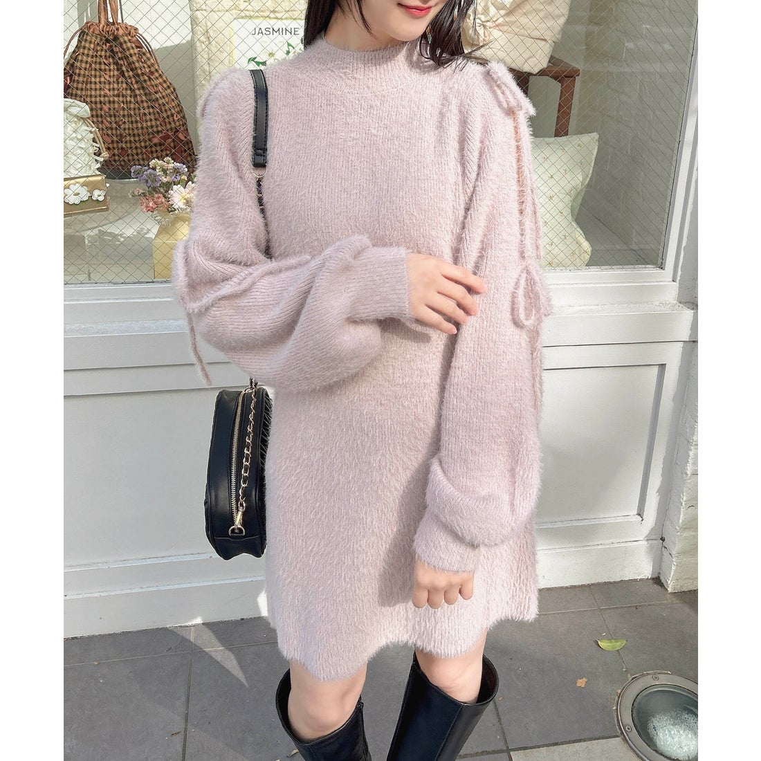 イング INGNI フェザー肩開きリボンニットワンピース （ピンク