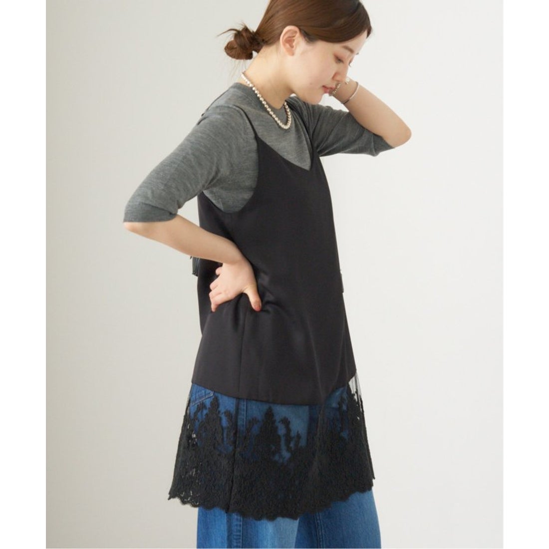 イエナ IENA Satinレース キャミソールワンピース （ブラック