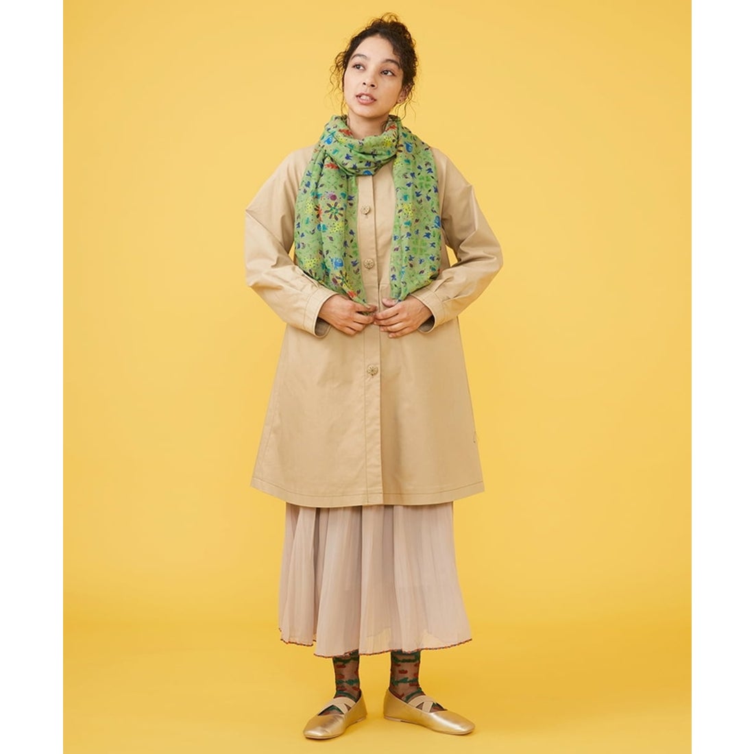 ホコモモラ Jocomomola 裏地プリント ノーカラーコート （グリーン