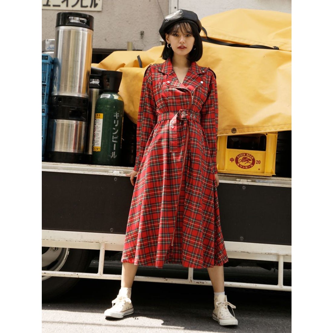 jouetie 2WAYライダースギャザーワンピース（レッド） -靴