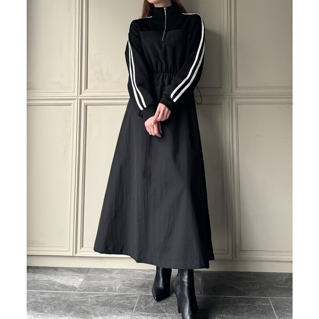 ジュノア JUNOAH ハーフジップ異素材ドッキングワンピース （ブラック