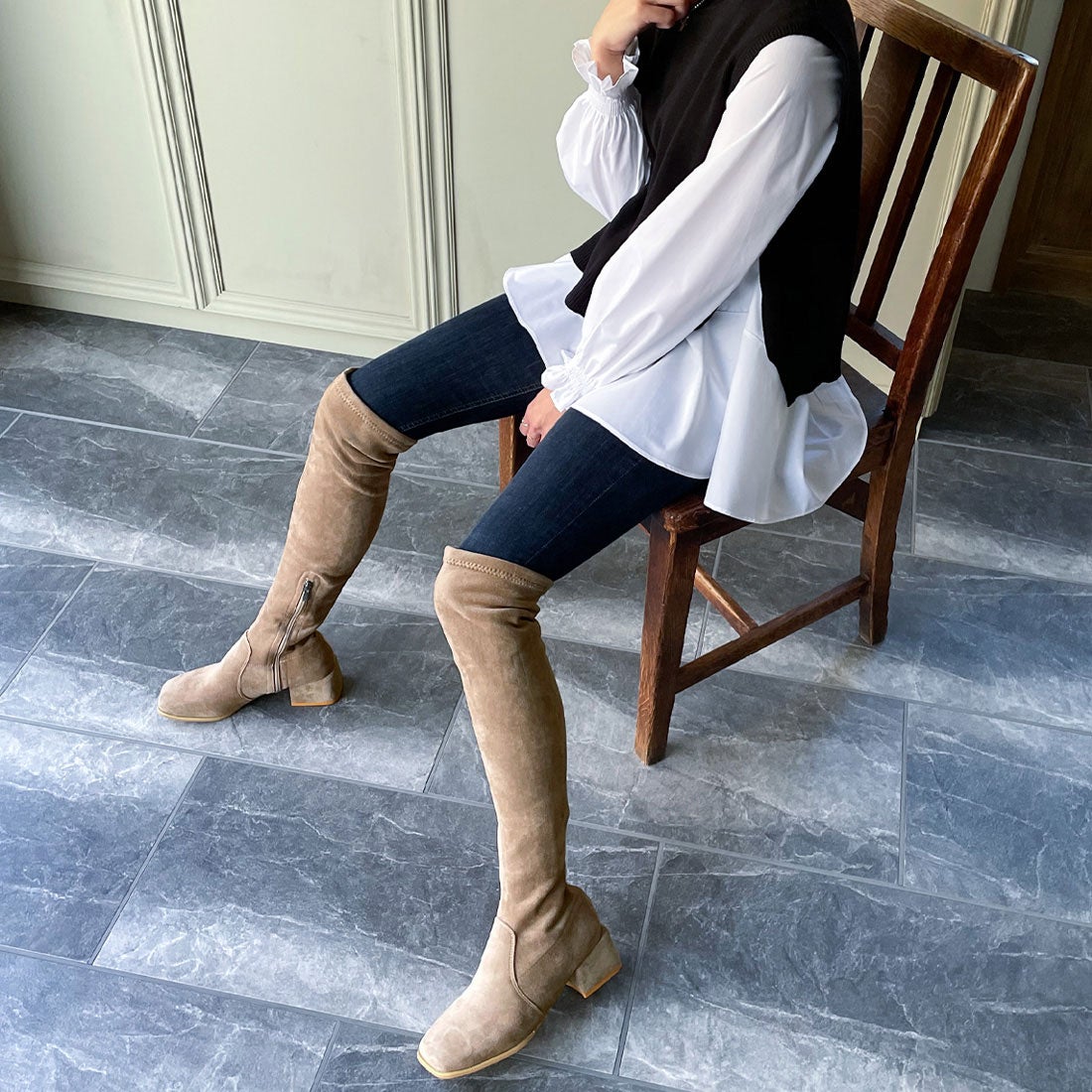 ジュノア JUNOAH ニーハイロングブーツ （ベージュスエード