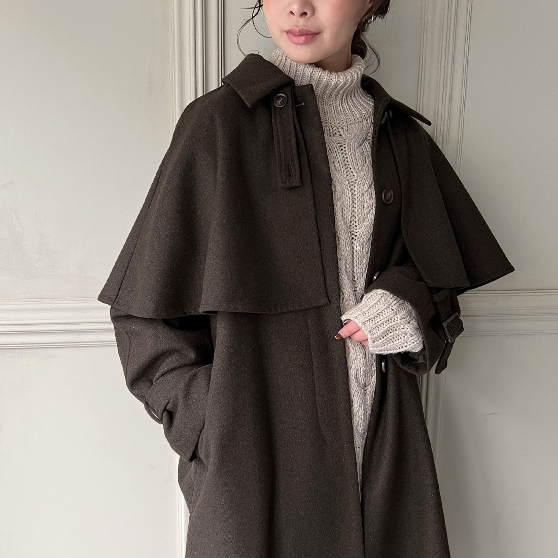 ジュノア JUNOAH 2wayステンカラーケープコート （ダークブラウン