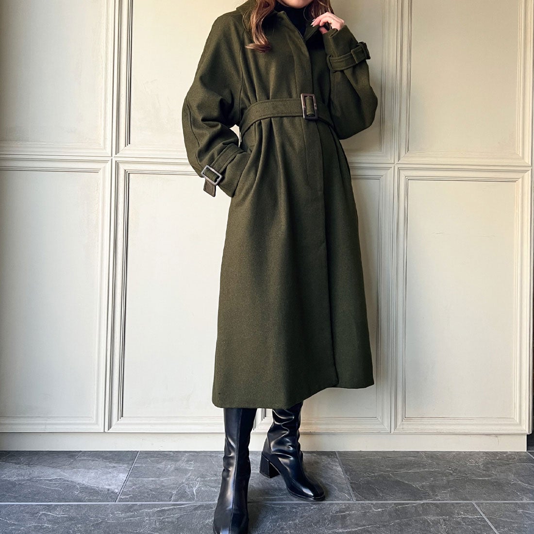 ジュノア JUNOAH 2wayステンカラーケープコート （ダークグリーン