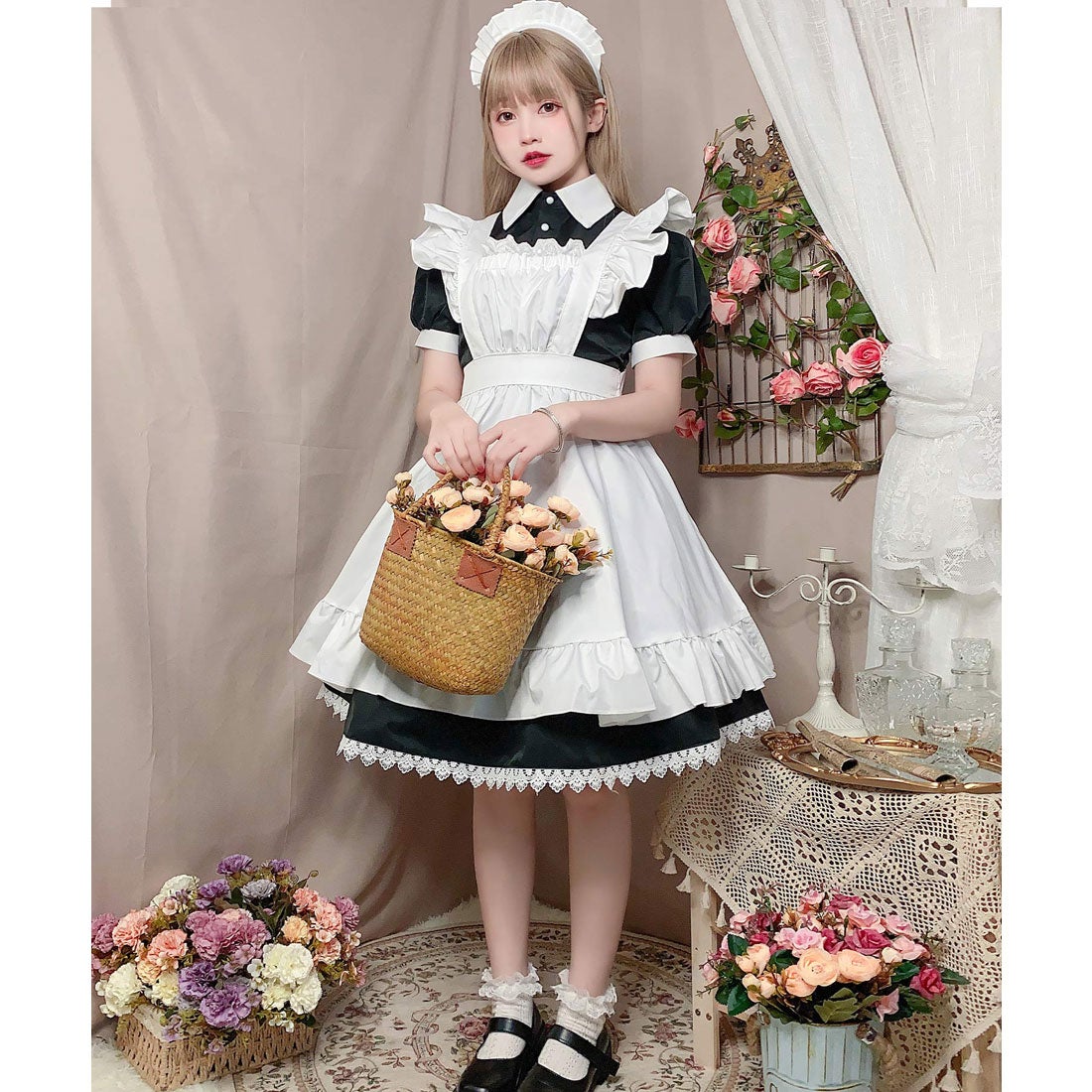 オシャレボ OSYAREVO 【ネット限定】 コスプレ メイド服 半袖 膝丈 3点