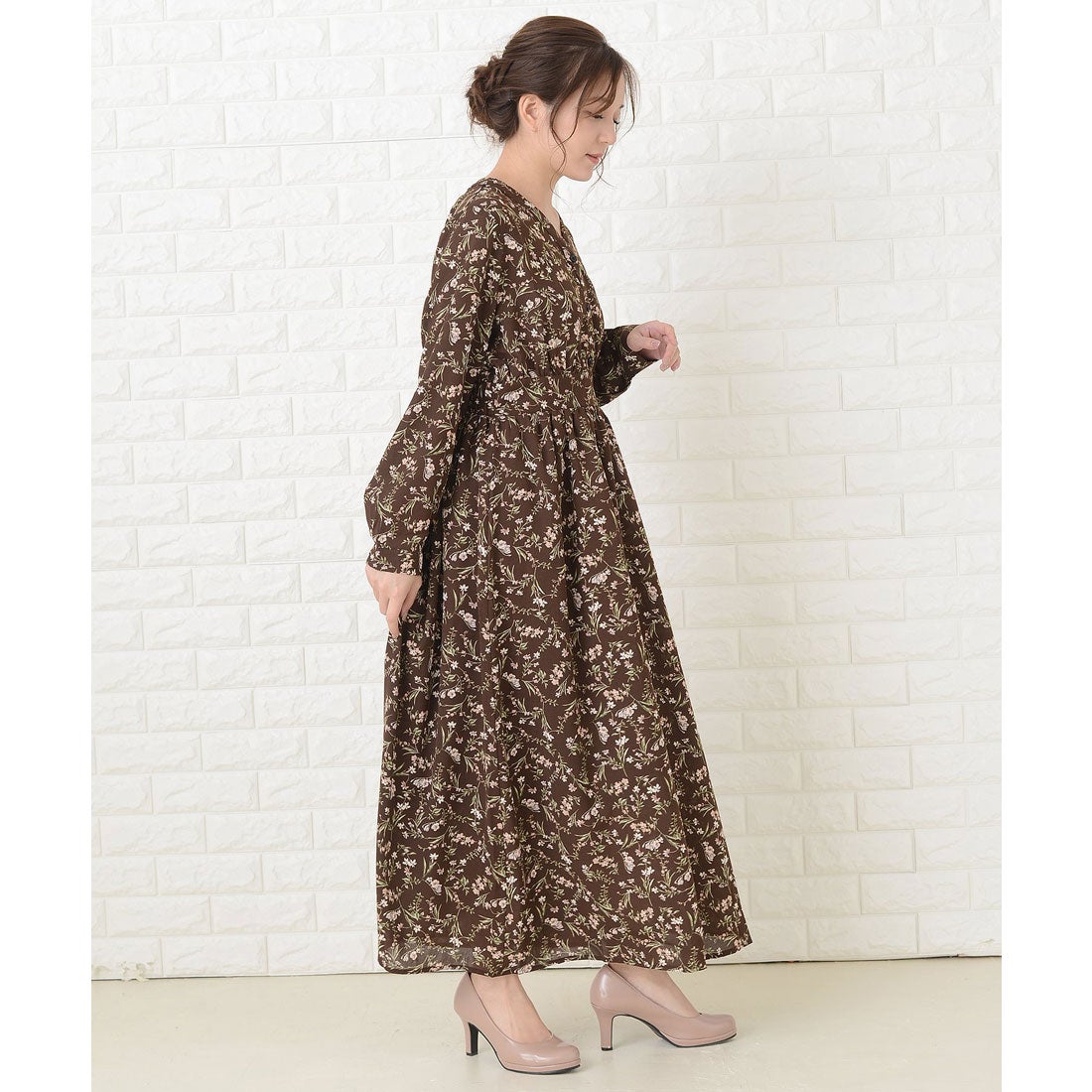美品 エムズグレイシー ブラウン 花柄 ワンピース 38 M 七部袖〜長袖
