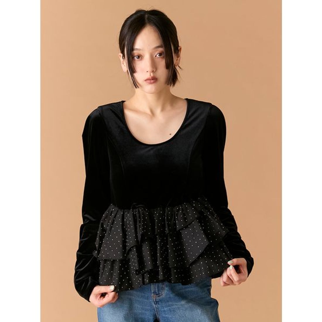 リリーブラウン LILY BROWN ベロアペプラムフリルトップス （BLK