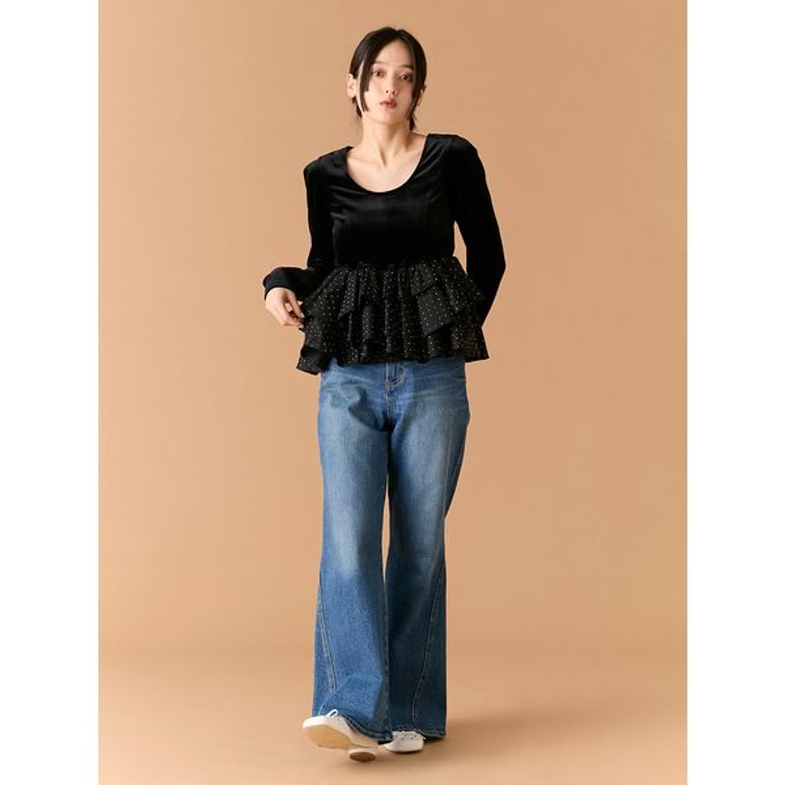 リリーブラウン LILY BROWN ベロアペプラムフリルトップス （BLK