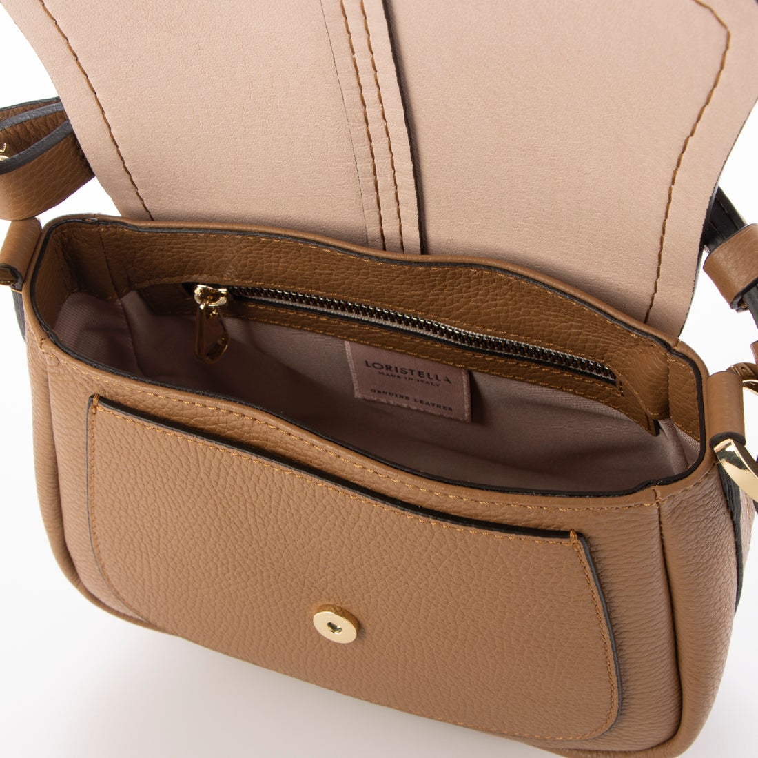 ロリステッラ LORISTELLA シュリンクレザーフラップバッグ （キャメル
