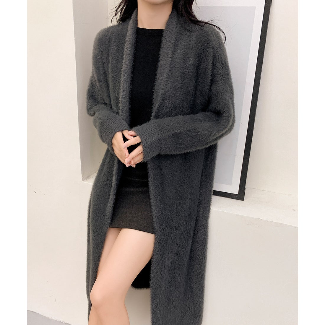 ロワ LOWO ファータッチ ロング ニット カーディガン（グレー