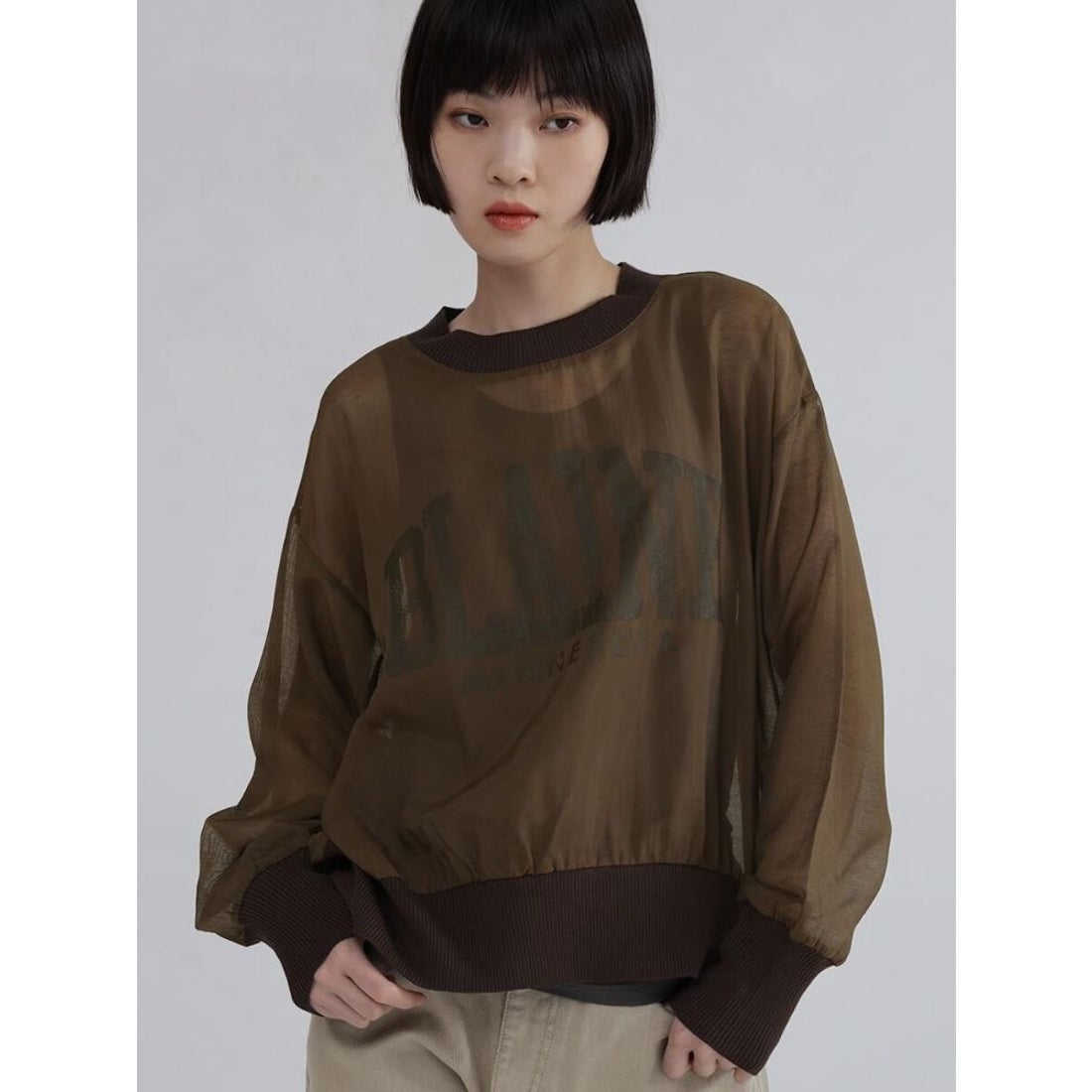 ラシュッド LASUD 裾リブロゴシアートップス （ブラウン