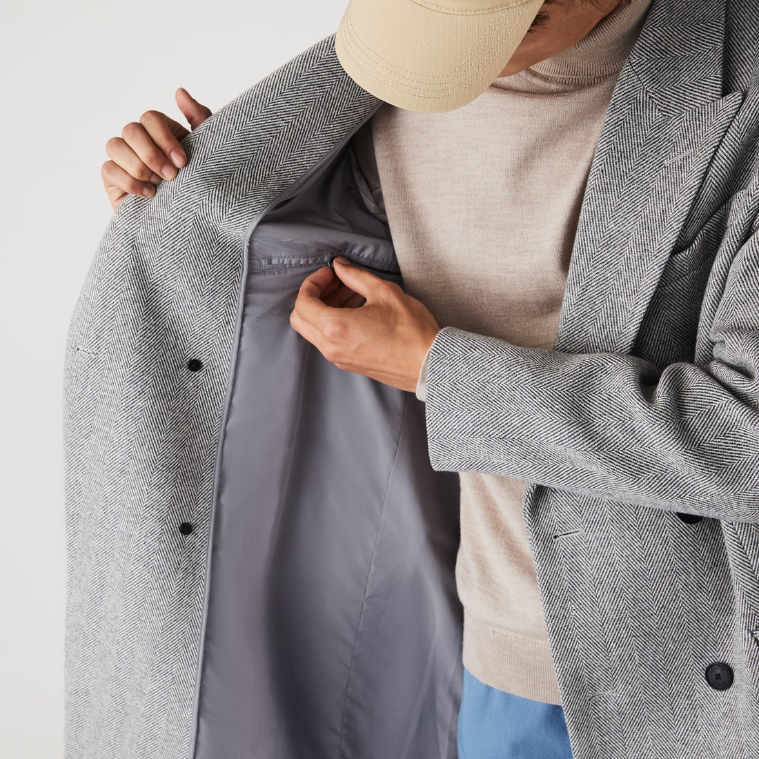 ラコステ LACOSTE ヘリンボーンロングウールコート （グレー