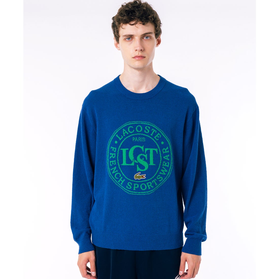 ラコステ LACOSTE ナイロン×コットンジャカードニットセーター（ブルー