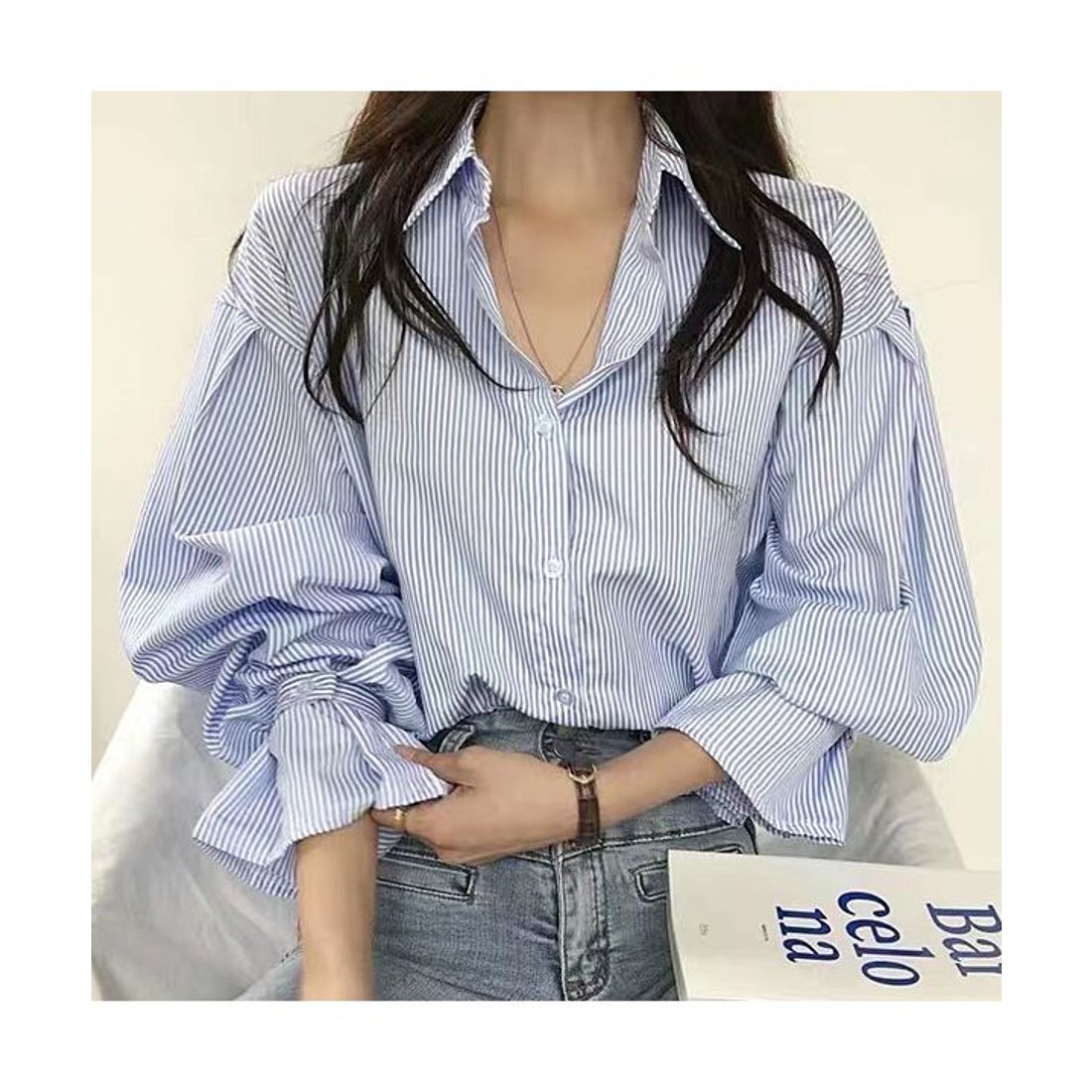 アドティエ ad thie ストライプシャツ ボリューム袖 （ブルー