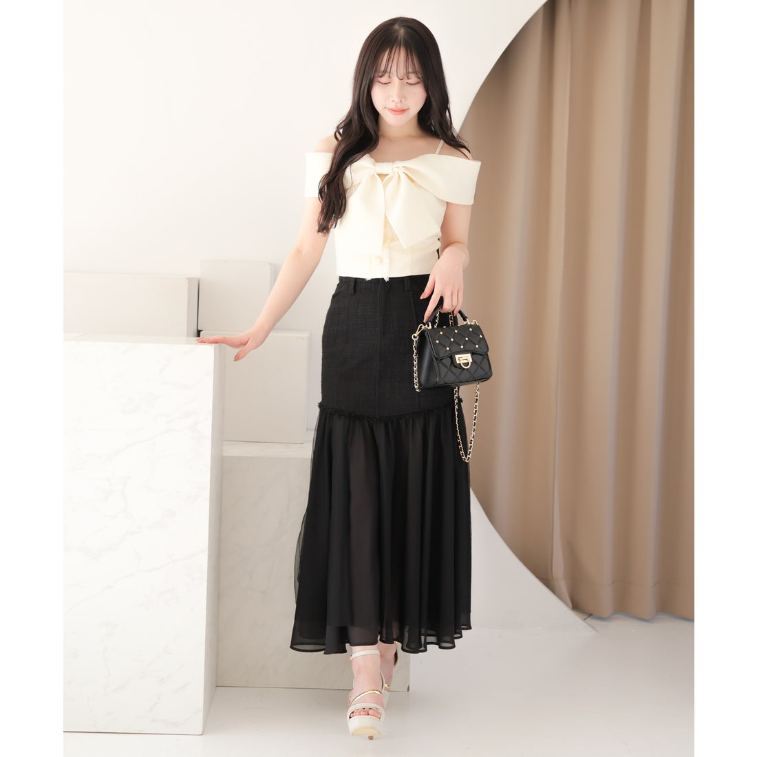 リップサービス LIP SERVICE ツイードリボンオフショルトップス