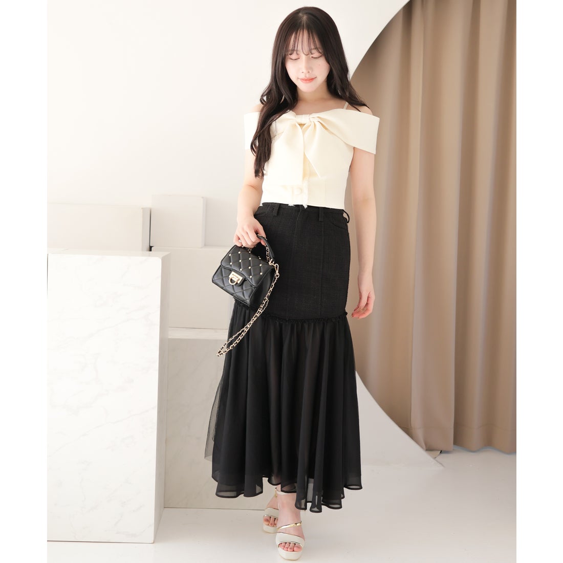 リップサービス LIP SERVICE ツイードリボンオフショルトップス