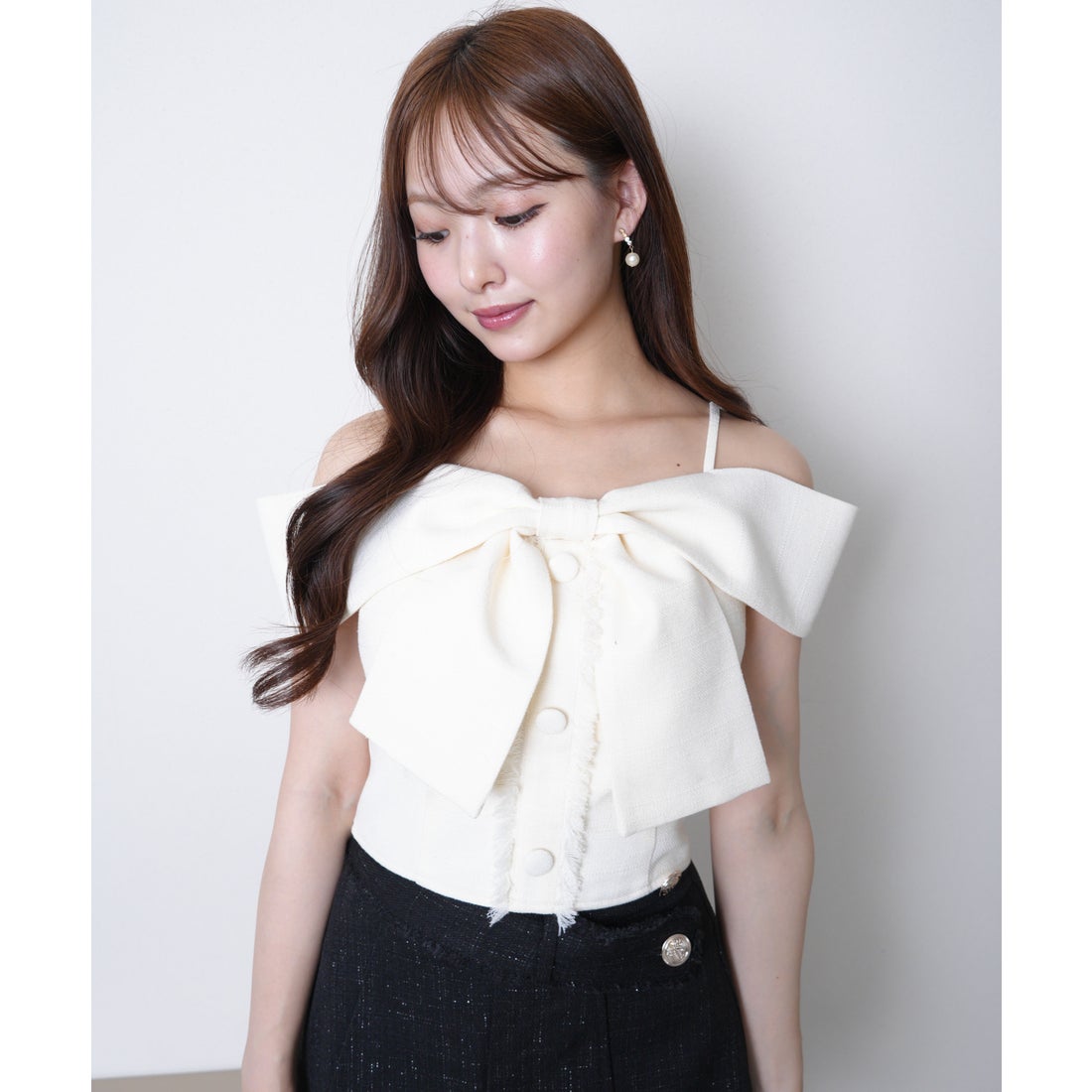 リップサービス LIP SERVICE ツイードリボンオフショルトップス