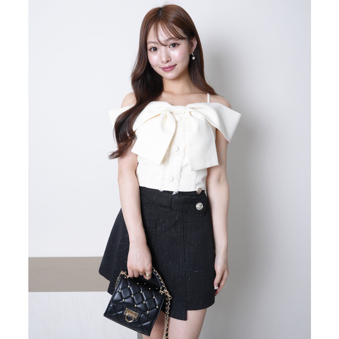 リップサービス LIP SERVICE ツイードリボンオフショルトップス