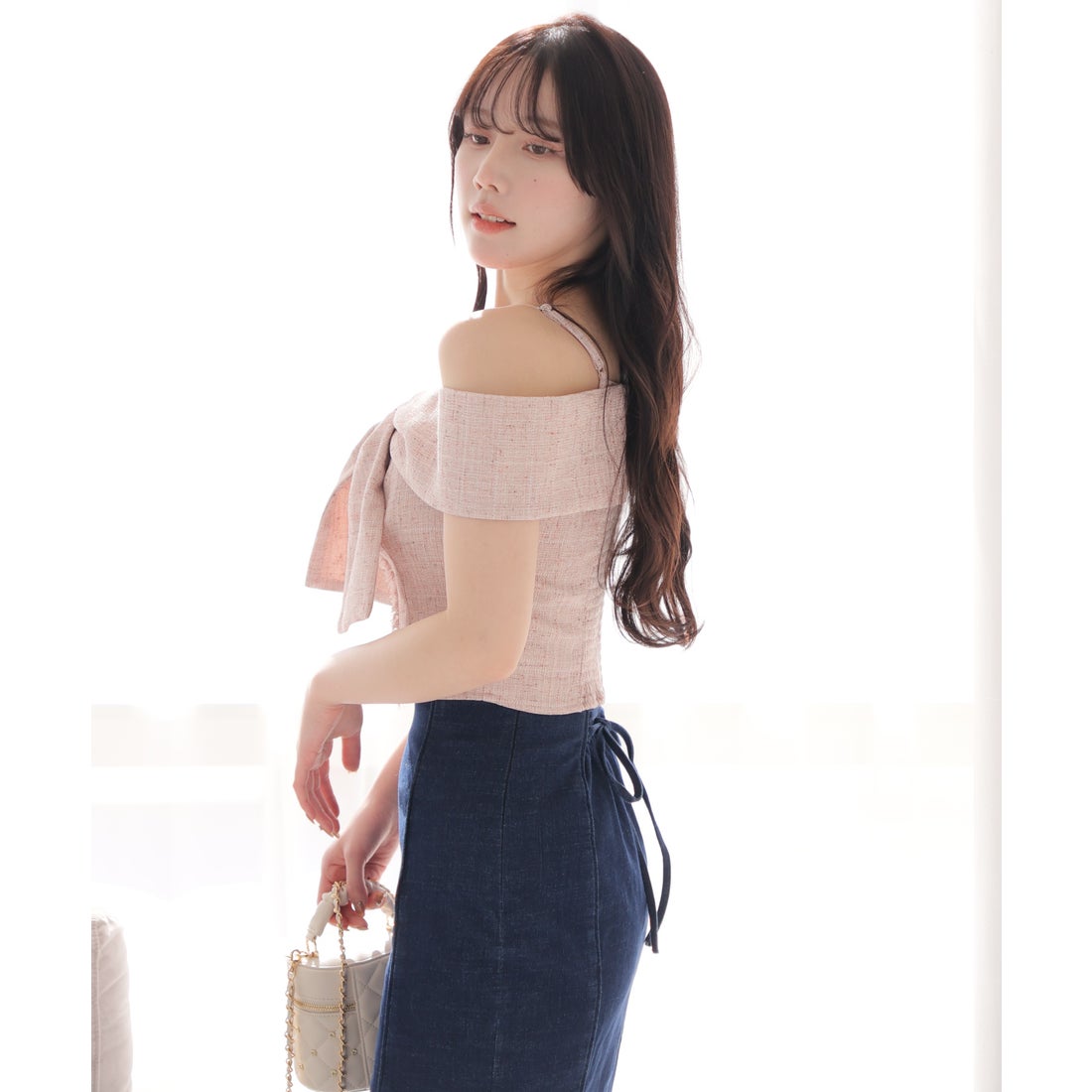 リップサービス LIP SERVICE ツイードリボンオフショルトップス