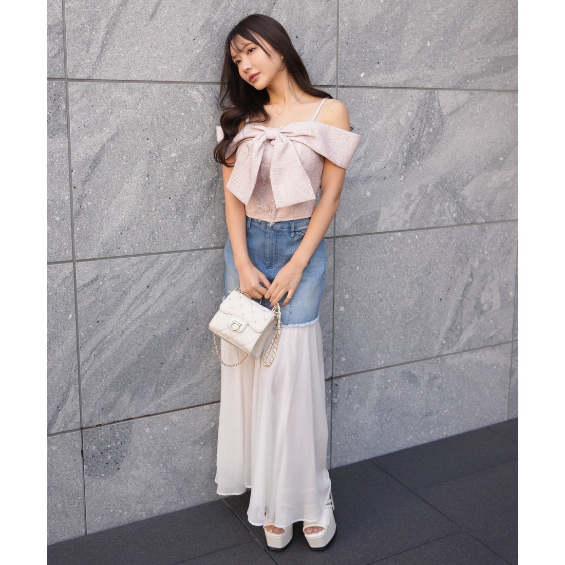 リップサービス LIP SERVICE ツイードリボンオフショルトップス