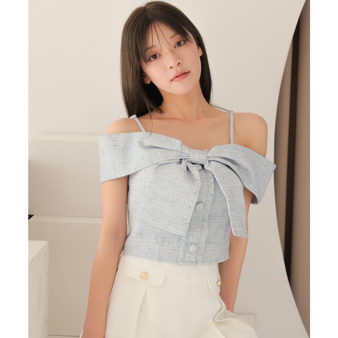 リップサービス LIP SERVICE ツイードリボンオフショルトップス