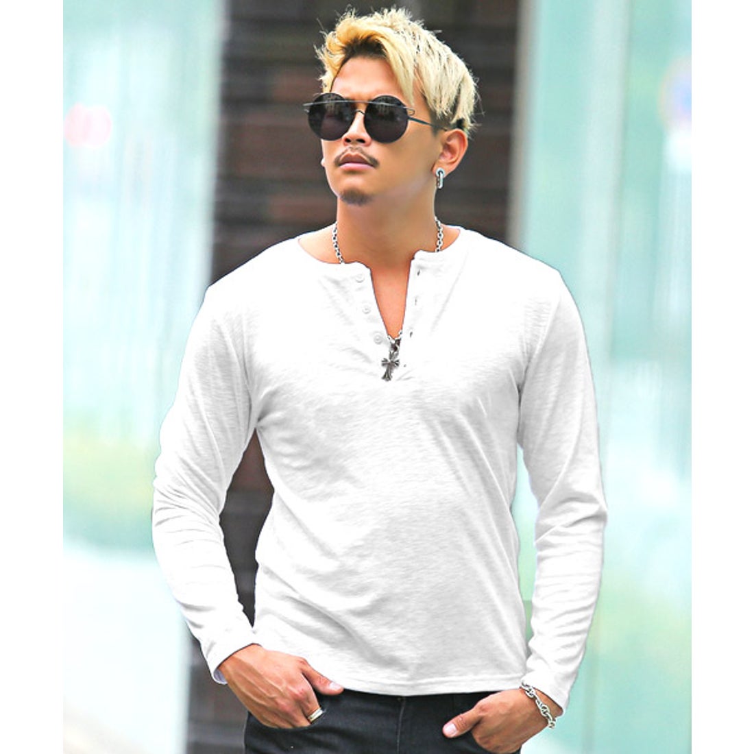 ラグスタイル LUXSTYLE スラブヘンリーネック長袖Tシャツ/ロンT メンズ