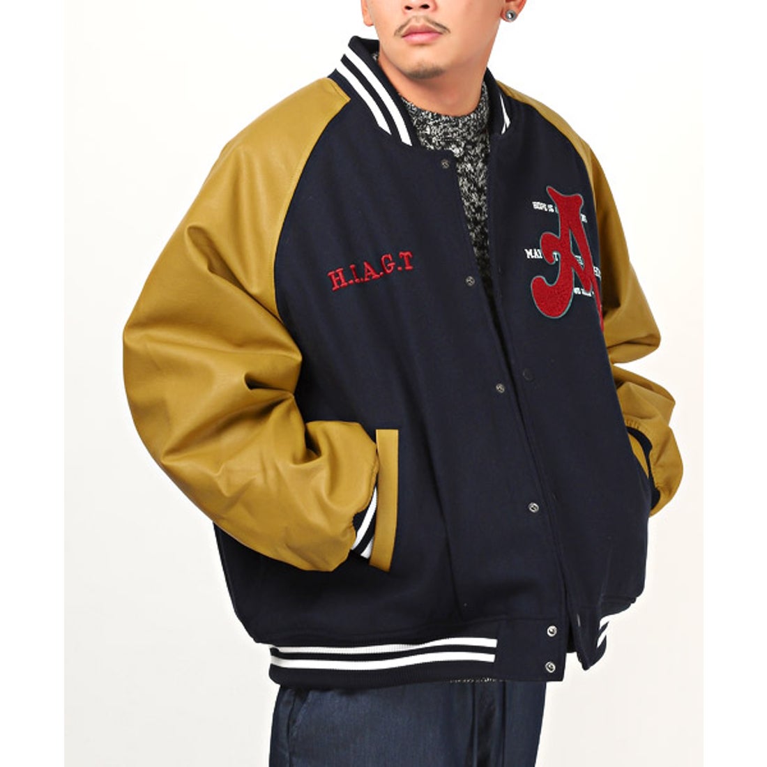 ラグスタイル LUXSTYLE サガラ刺繍メルトン合皮ラグランスタジャン