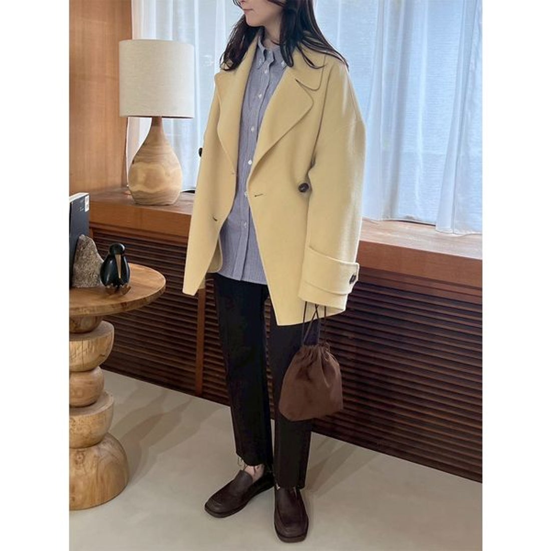 ミラ オーウェン Mila Owen woolコクーンシルエットピーコート （CHECK