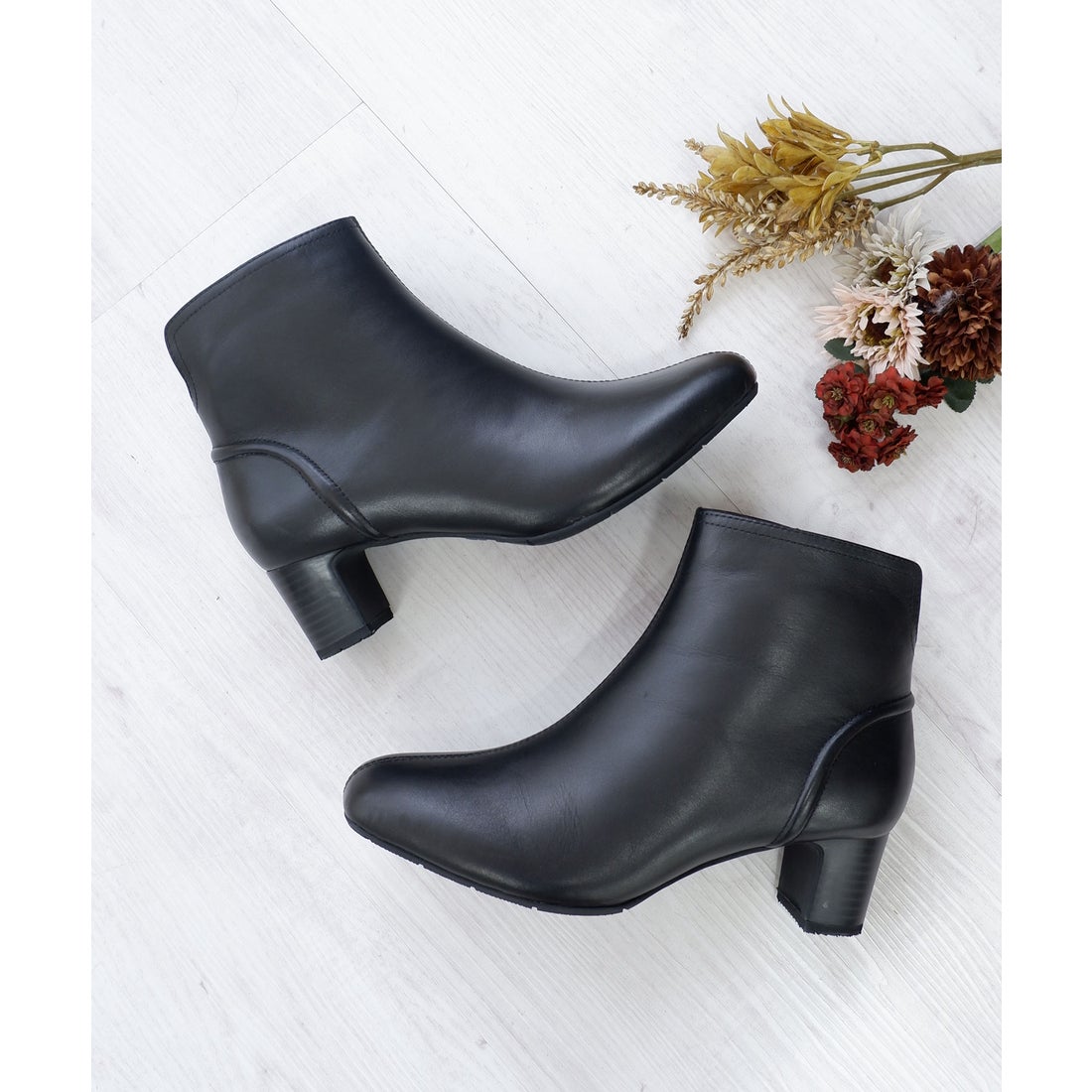 本革】 ショートブーツ 16262 （ブラックスムース） -モードカオリ