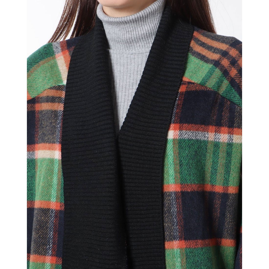 モードフルーレ MODE FOURRURE イタリア製チェック柄コート （グリーン