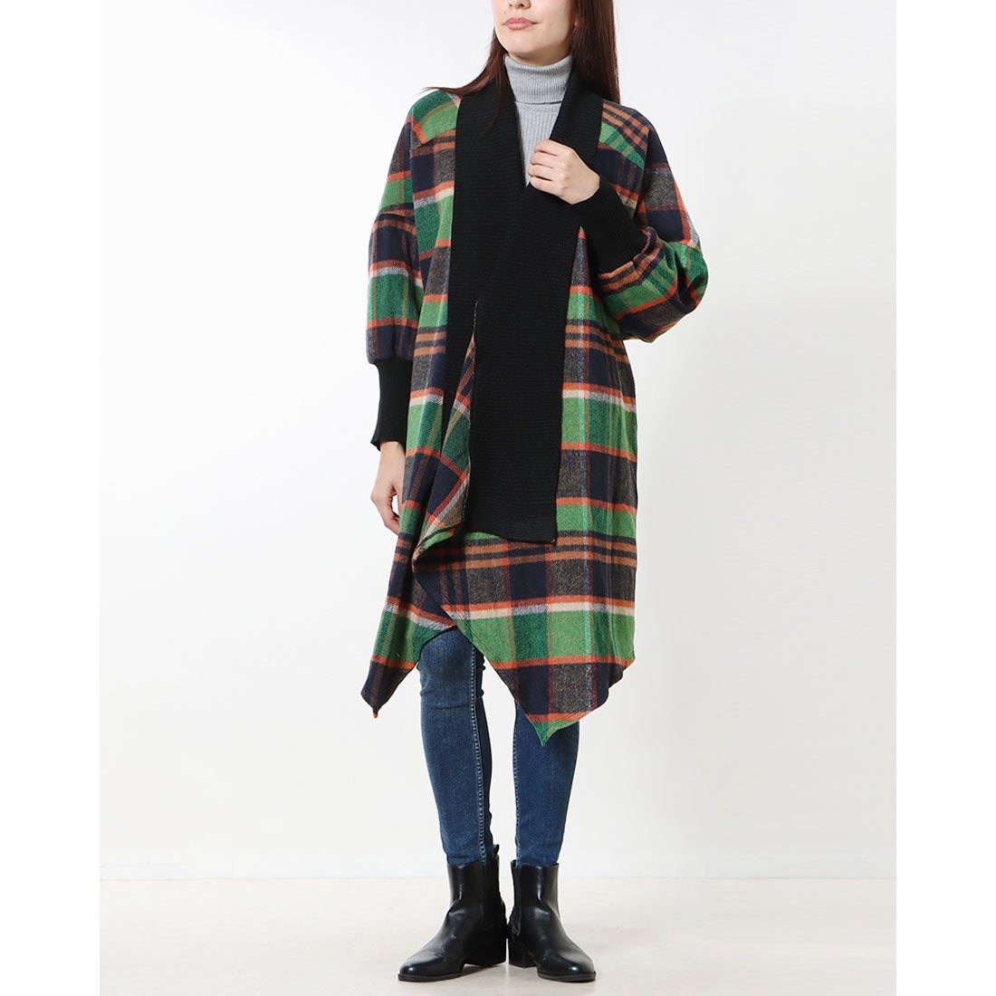 モードフルーレ MODE FOURRURE イタリア製チェック柄コート （グリーン